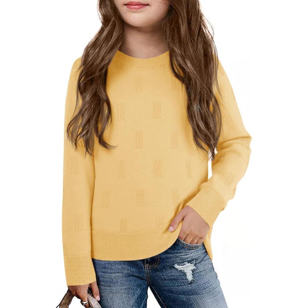 image:imageHaloumoning Girls Knit Sweaters Casual Long Sleeve Textured Pullover Tops Kids Loose Fit Comfy Fall Clothes 514 YearsYellow