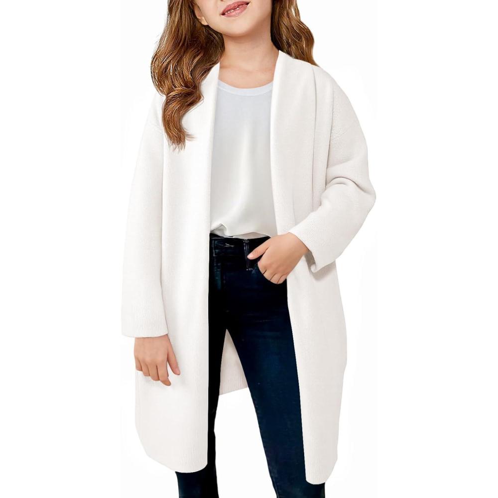 image:imageHaloumoning Girls Long Cardigan Sweaters Kids Oversized Open Front Knit Outerwear with Pockets 514 YearsWhite
