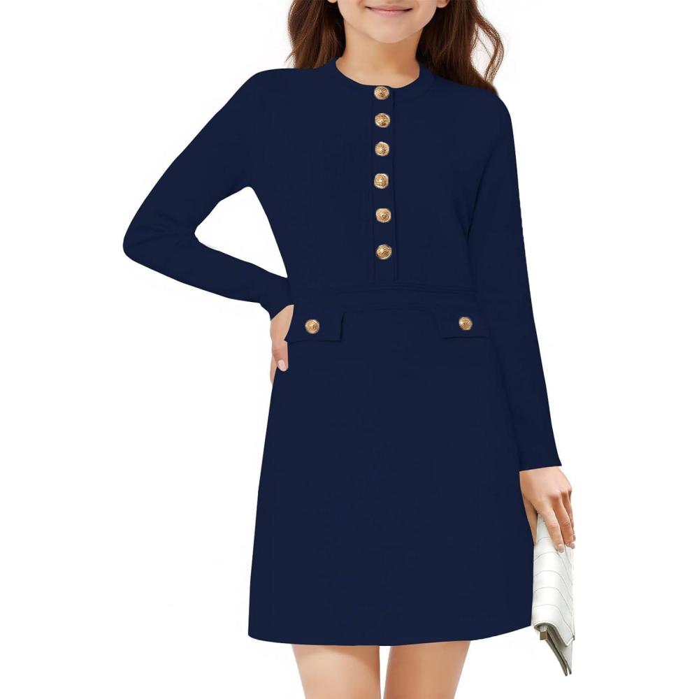 image:imageHaloumoning Girls Long Sleeve Sweater Dress Kids Casual Front Button ALine Knit Fall Dresses 514 YearsNavy
