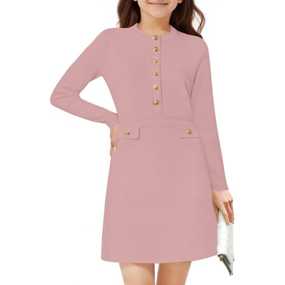 image:imageHaloumoning Girls Long Sleeve Sweater Dress Kids Casual Front Button ALine Knit Fall Dresses 514 YearsPink