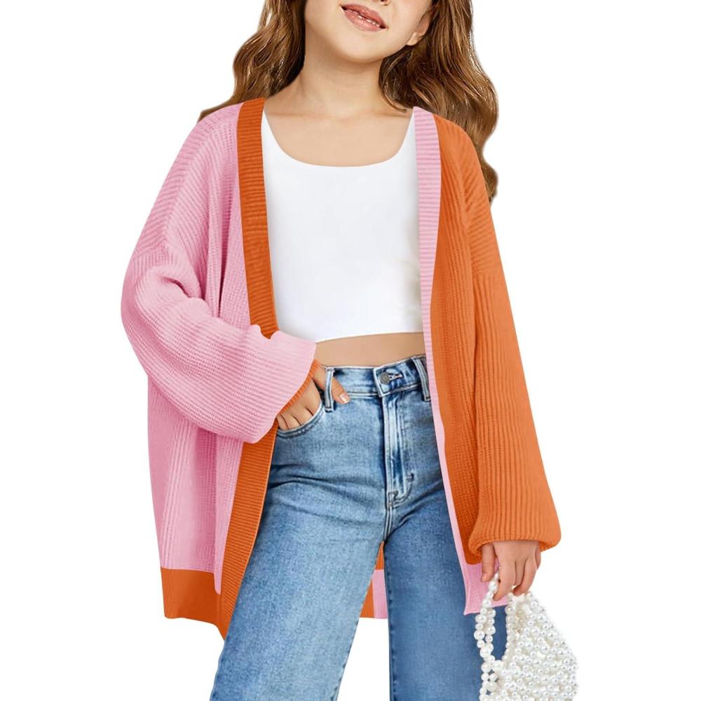image:imageHaloumoning Girls Oversized Batwing Sleeve Cardigan Sweaters Kids Fashion Open Front Color Block OuterwearOrange
