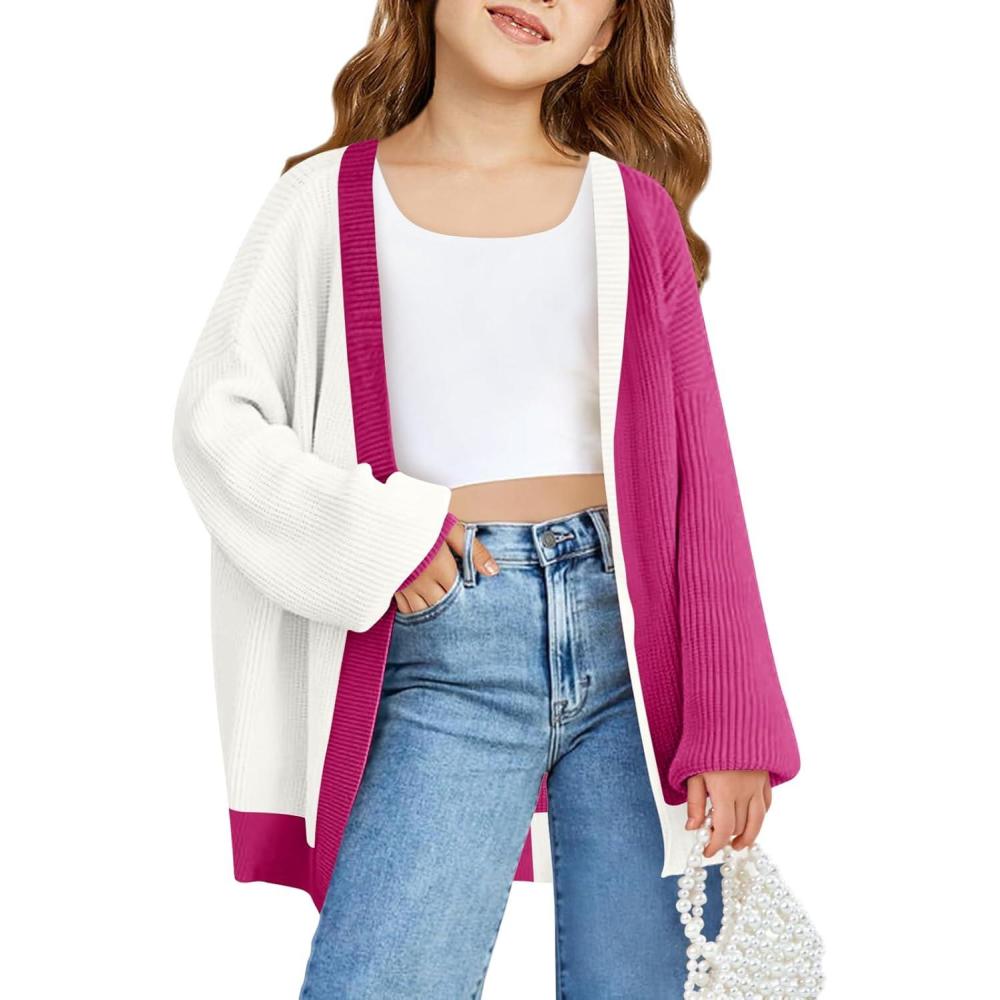 image:imageHaloumoning Girls Oversized Batwing Sleeve Cardigan Sweaters Kids Fashion Open Front Color Block OuterwearPeach Red