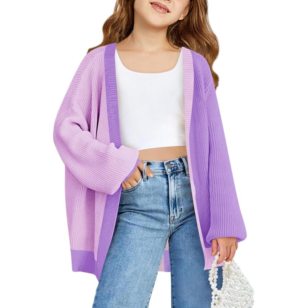 image:imageHaloumoning Girls Oversized Batwing Sleeve Cardigan Sweaters Kids Fashion Open Front Color Block OuterwearPurple