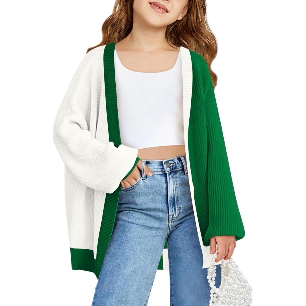 image:imageHaloumoning Girls Oversized Batwing Sleeve Cardigan Sweaters Kids Fashion Open Front Color Block OuterwearWhite and Green