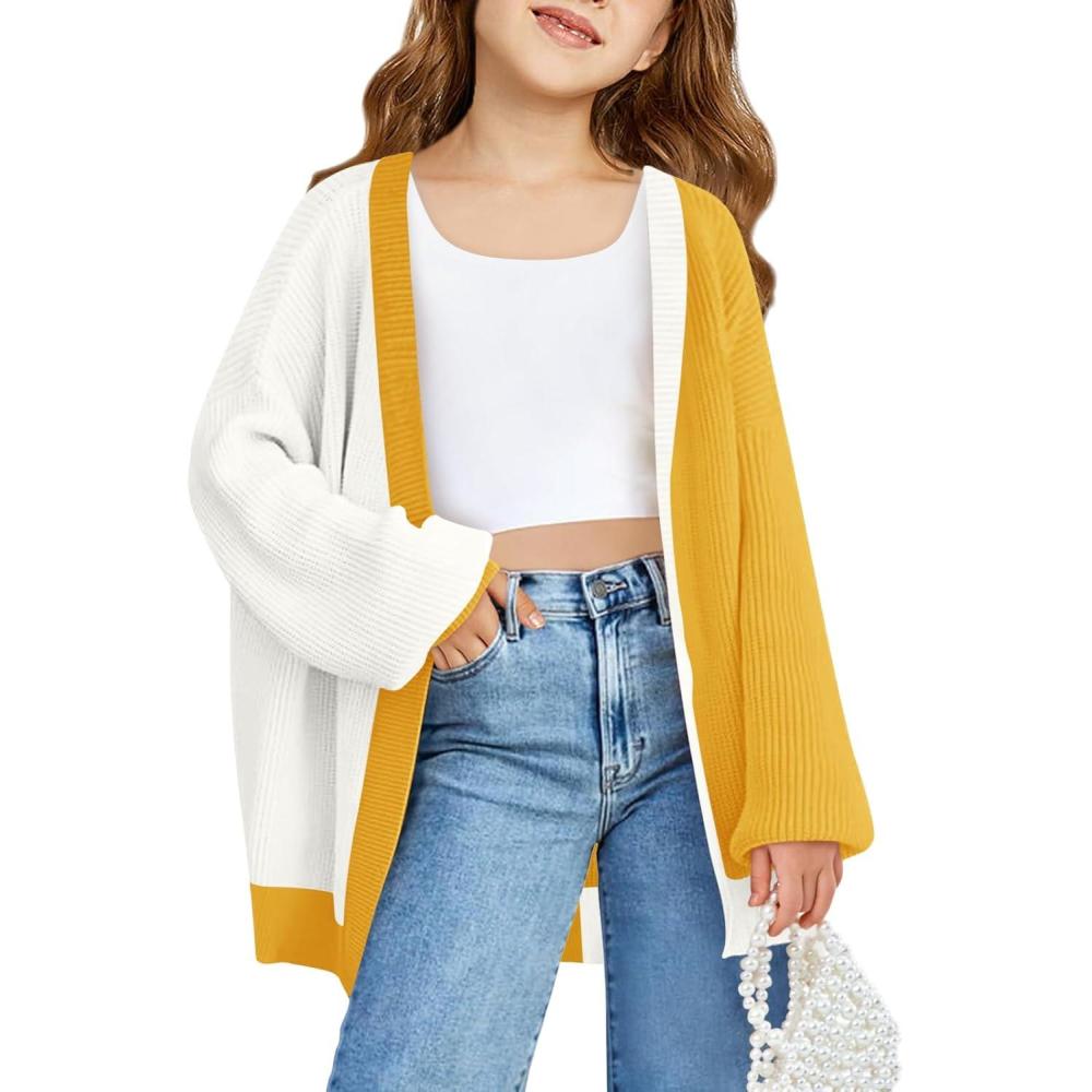 image:imageHaloumoning Girls Oversized Batwing Sleeve Cardigan Sweaters Kids Fashion Open Front Color Block OuterwearYellow