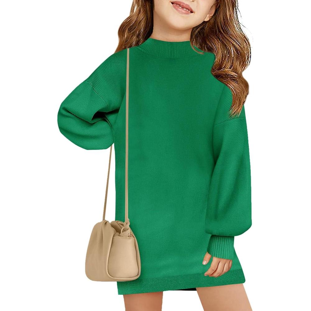 image:imageHaloumoning Girls Oversized Sweater Dress Kids Fall Long Lantern Sleeve Ribbed Knit Pullover DressesArmy Green