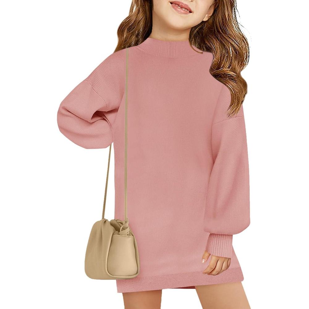 image:imageHaloumoning Girls Oversized Sweater Dress Kids Fall Long Lantern Sleeve Ribbed Knit Pullover DressesLight Pink