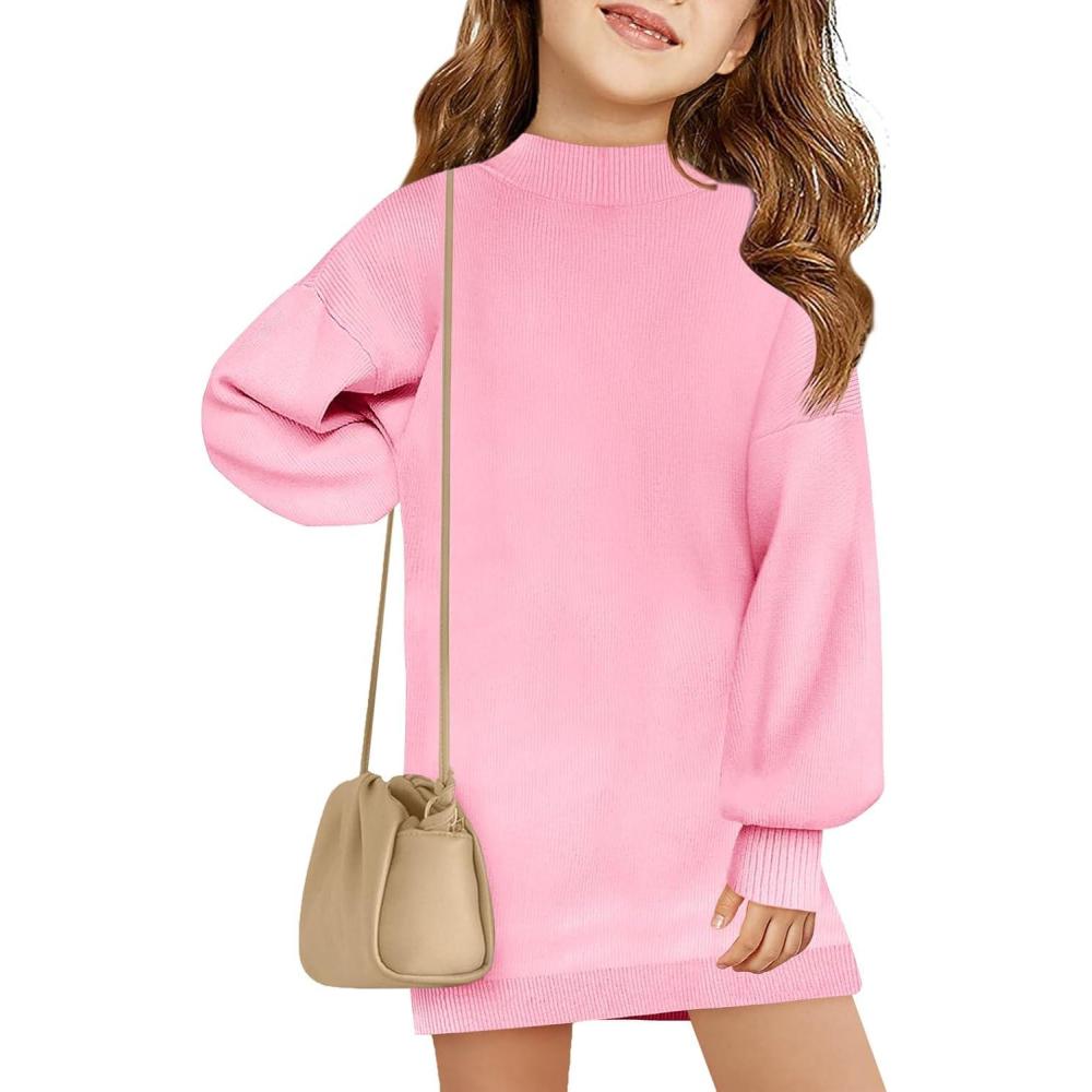 image:imageHaloumoning Girls Oversized Sweater Dress Kids Fall Long Lantern Sleeve Ribbed Knit Pullover DressesPink