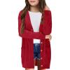 Girls Cardigans Kids Fashion Open Front Long Sleeve Knit Sweaters Outerwear with Pockets 5-14 Years(Red)