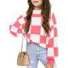 Girls Sweaters Kids Fashion Plaid Mock Neck Pullover Sweater Tops 5-14 Years(Dark Pink)