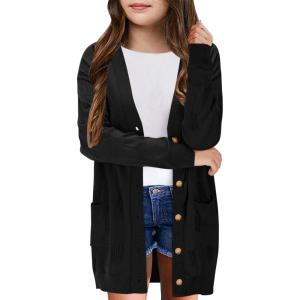 Girls Cardigans Kids Fashion Open Front Long Sleeve Knit Sweaters Outerwear with Pockets 5-14 Years(Black)