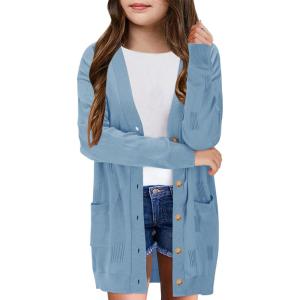 Girls Cardigans Kids Fashion Open Front Long Sleeve Knit Sweaters Outerwear with Pockets 5-14 Years(Blue)
