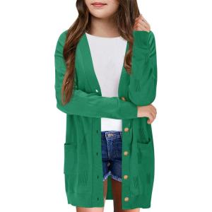 Girls Cardigans Kids Fashion Open Front Long Sleeve Knit Sweaters Outerwear with Pockets 5-14 Years(Green)