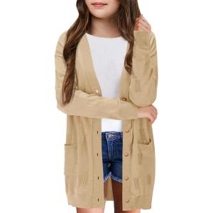 Girls Cardigans Kids Fashion Open Front Long Sleeve Knit Sweaters Outerwear with Pockets 5-14 Years(Khaki)