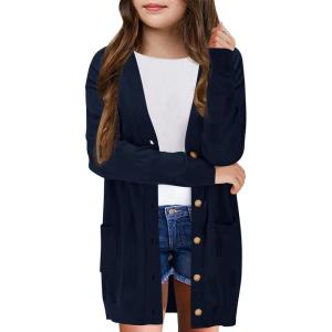 Girls Cardigans Kids Fashion Open Front Long Sleeve Knit Sweaters Outerwear with Pockets 5-14 Years(Navy Blue)