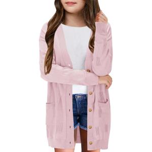 Girls Cardigans Kids Fashion Open Front Long Sleeve Knit Sweaters Outerwear with Pockets 5-14 Years(Pink)