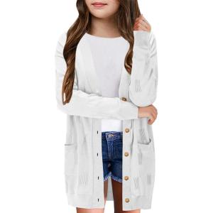 Girls Cardigans Kids Fashion Open Front Long Sleeve Knit Sweaters Outerwear with Pockets 5-14 Years(White)