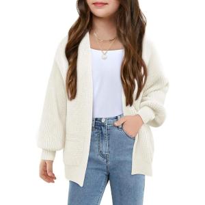 Girls Long Sleeve Cardigan Casual Open Front Lantern Sleeve Smoke Cuff Knit Sweater with Pockets for Kids 5-14 Years(Beige)