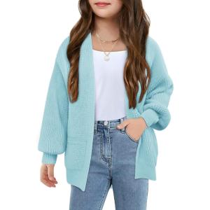 Girls Long Sleeve Cardigan Casual Open Front Lantern Sleeve Smoke Cuff Knit Sweater with Pockets for Kids 5-14 Years(Blue)