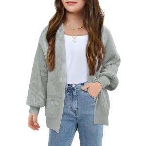 Girls Long Sleeve Cardigan Casual Open Front Lantern Sleeve Smoke Cuff Knit Sweater with Pockets for Kids 5-14 Years(Grey)
