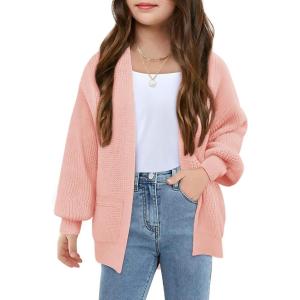 Girls Long Sleeve Cardigan Casual Open Front Lantern Sleeve Smoke Cuff Knit Sweater with Pockets for Kids 5-14 Years(Pink)