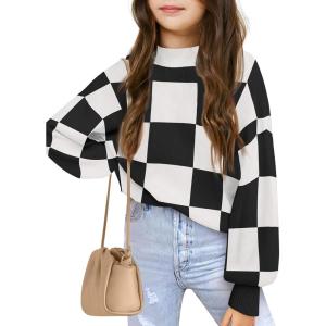 Girls Sweaters Kids Fashion Plaid Mock Neck Pullover Sweater Tops 5-14 Years(Black)