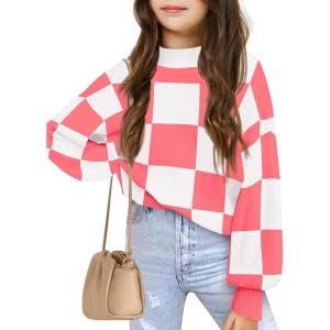 Girls Sweaters Kids Fashion Plaid Mock Neck Pullover Sweater Tops 5-14 Years(Dark Pink)