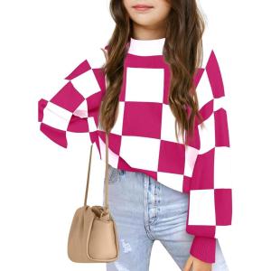 Girls Sweaters Kids Fashion Plaid Mock Neck Pullover Sweater Tops 5-14 Years(Hot Pink)