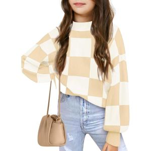 Girls Sweaters Kids Fashion Plaid Mock Neck Pullover Sweater Tops 5-14 Years(Khaki)