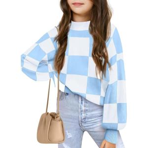 Girls Sweaters Kids Fashion Plaid Mock Neck Pullover Sweater Tops 5-14 Years(Sky Blue)