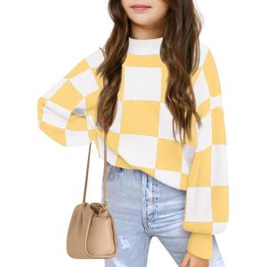 Girls Sweaters Kids Fashion Plaid Mock Neck Pullover Sweater Tops 5-14 Years(Yellow)