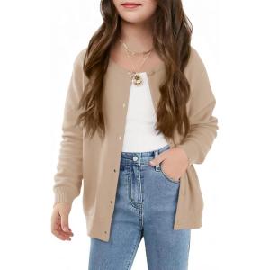 Haloumoning Girls Button Down Cardigan Kids Long Sleeve Crewneck Uniform Knit Sweater 5-14 Years(Khaki)