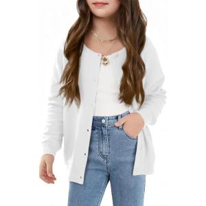 Haloumoning Girls Button Down Cardigan Kids Long Sleeve Crewneck Uniform Knit Sweater 5-14 Years(White)