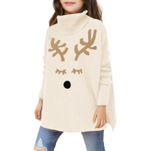 Haloumoning Girls Christmas Sweater Kids Oversized Turtleneck Cute Reindeer Sweaters with Side Slit(Beige)