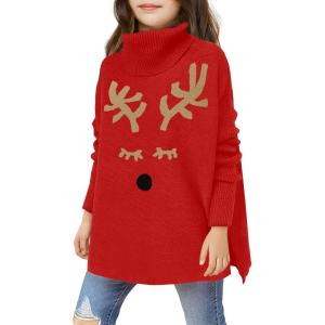 Haloumoning Girls Christmas Sweater Kids Oversized Turtleneck Cute Reindeer Sweaters with Side Slit(Red)