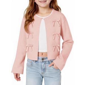 Haloumoning Girls Cropped Cardigan Sweater Kids Cute Bow Long Sleeve Knitted Sweaters Tops 5-14 Years(Pink)