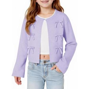 Haloumoning Girls Cropped Cardigan Sweater Kids Cute Bow Long Sleeve Knitted Sweaters Tops 5-14 Years(Purple)