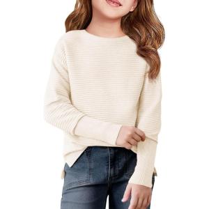 Haloumoning Girls Fall Sweater Kids Fashion Long Sleeve Ribbed Knit Split Pullover Tops 5-14Y(Cream White)