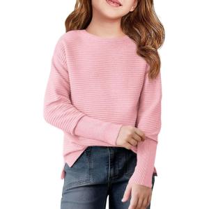 Haloumoning Girls Fall Sweater Kids Fashion Long Sleeve Ribbed Knit Split Pullover Tops 5-14Y(Pink)