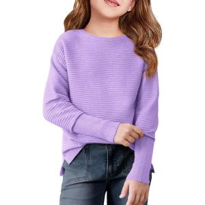 Haloumoning Girls Fall Sweater Kids Fashion Long Sleeve Ribbed Knit Split Pullover Tops 5-14Y(Purple)