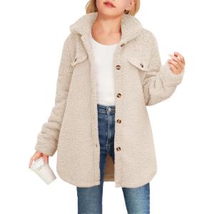 Haloumoning Girls Fuzzy Fleece Jacket Casual Button Down Sherpa Overcoat Faux Fur Jackets Outwear 4-15 Years(Beige)