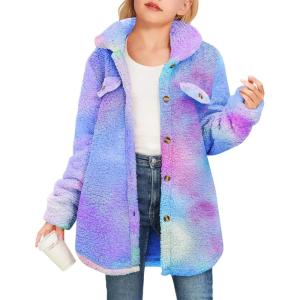 Haloumoning Girls Fuzzy Fleece Jacket Casual Button Down Sherpa Overcoat Faux Fur Jackets Outwear 4-15 Years(Gradient- Pink)