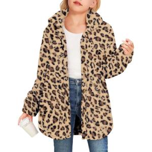 Haloumoning Girls Fuzzy Fleece Jacket Casual Button Down Sherpa Overcoat Faux Fur Jackets Outwear 4-15 Years(Leopard- Khaki)