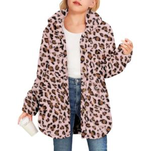 Haloumoning Girls Fuzzy Fleece Jacket Casual Button Down Sherpa Overcoat Faux Fur Jackets Outwear 4-15 Years(Leopard- Pink)