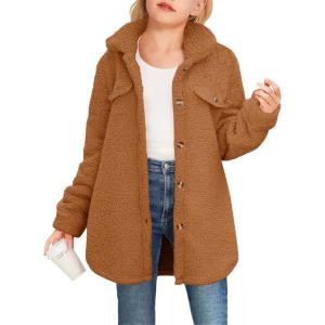 Haloumoning Girls Fuzzy Fleece Jacket Casual Button Down Sherpa Overcoat Faux Fur Jackets Outwear 4-15 Years(Reddish Brown)