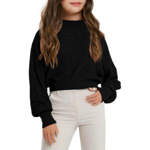 Haloumoning Girls Knit Pullover Sweaters Mock Neck Long Lantern Sleeve Jumper Tops 5-14 Years(Black)