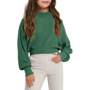 Haloumoning Girls Knit Pullover Sweaters Mock Neck Long Lantern Sleeve Jumper Tops 5-14 Years(Green)
