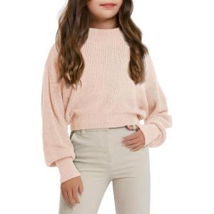 Haloumoning Girls Knit Pullover Sweaters Mock Neck Long Lantern Sleeve Jumper Tops 5-14 Years(Light Pink)