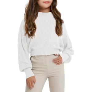 Haloumoning Girls Knit Pullover Sweaters Mock Neck Long Lantern Sleeve Jumper Tops 5-14 Years(White)