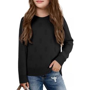 Haloumoning Girls Knit Sweaters Casual Long Sleeve Textured Pullover Tops Kids Loose Fit Comfy Fall Clothes 5-14 Years(Black)